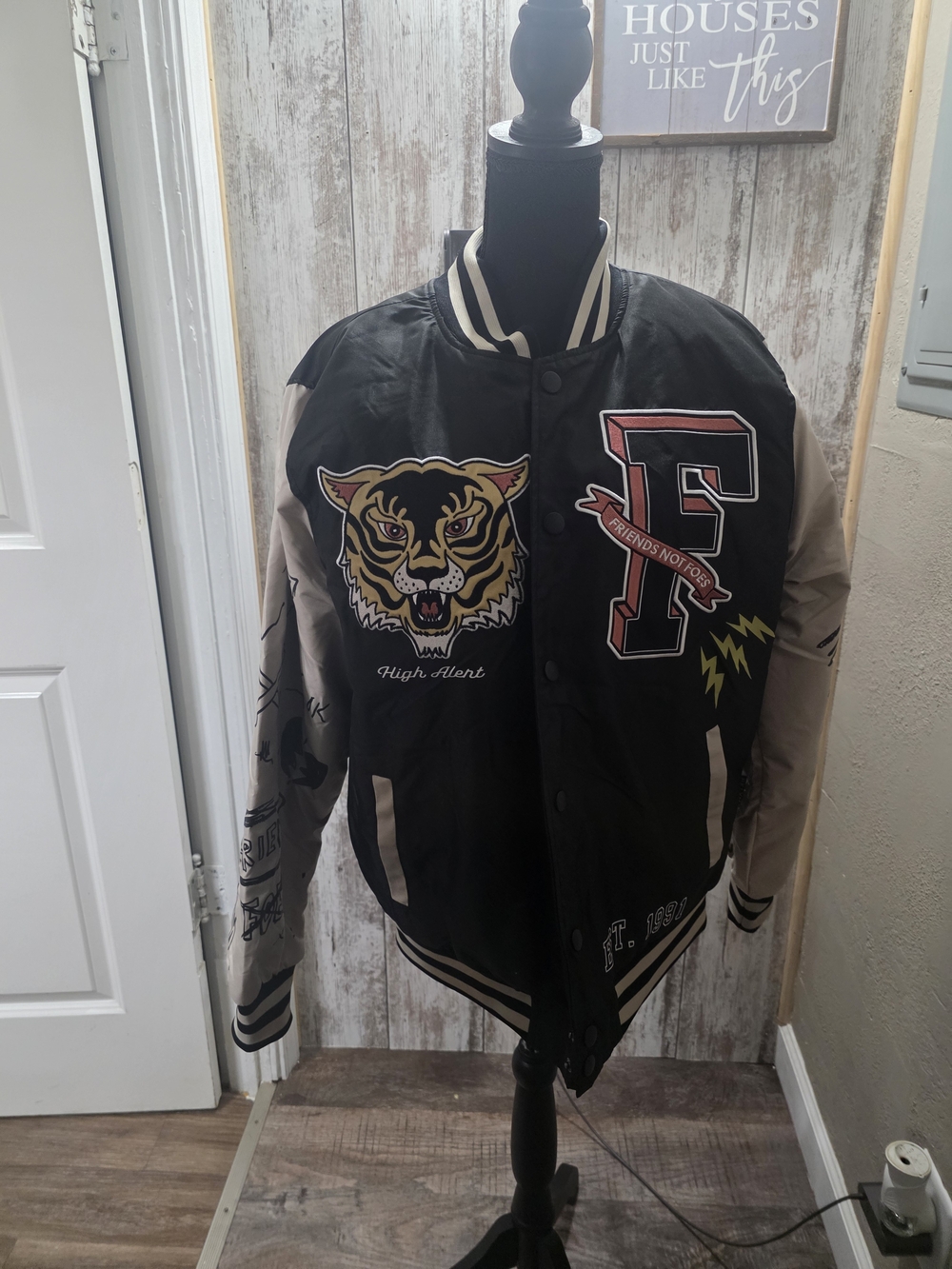 Brooklyn Cloth Black & Beige Tiger Patch Varsity Jacket